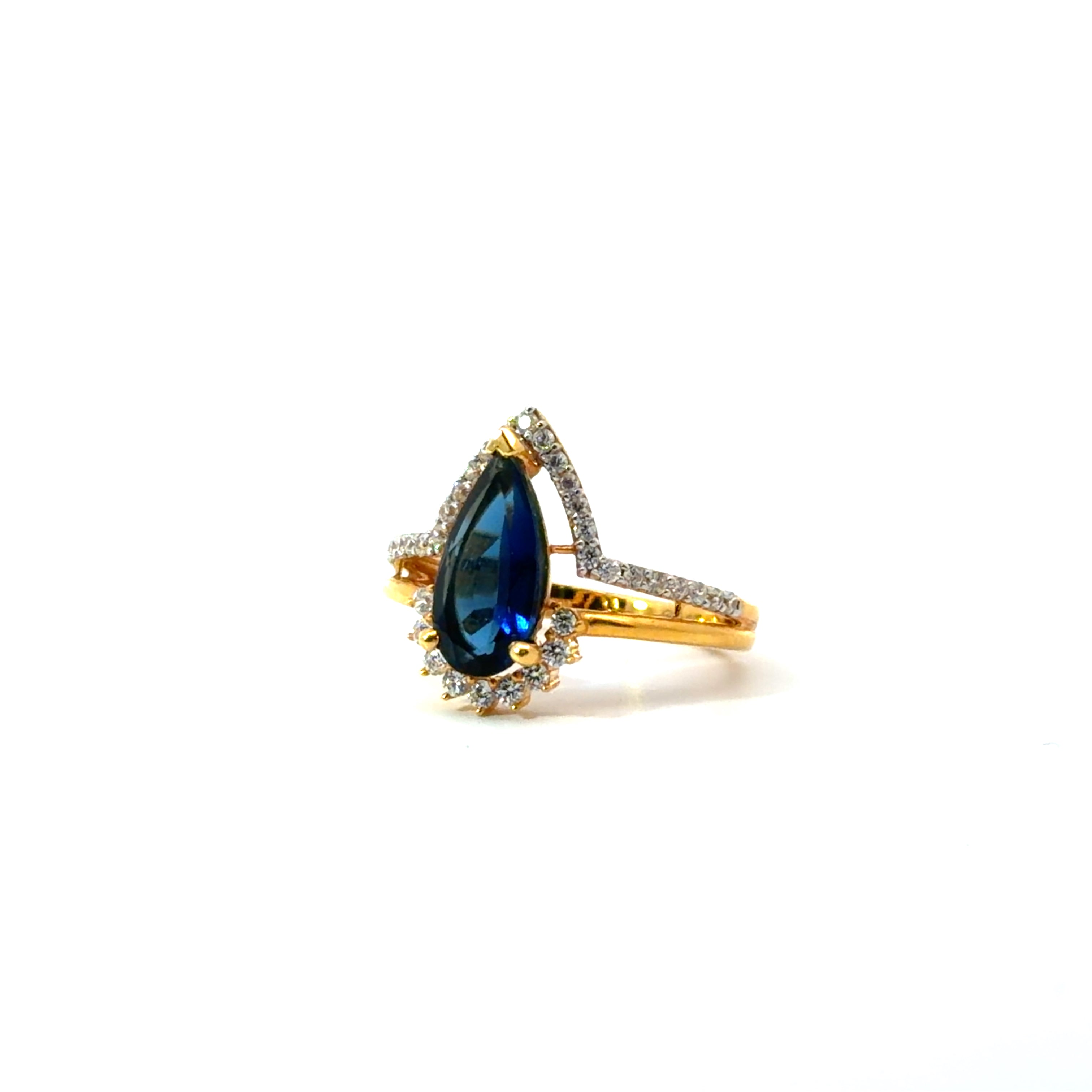 22KT Gold Ring with Pear-Cut Blue Sapphire and Cubic Zirconia