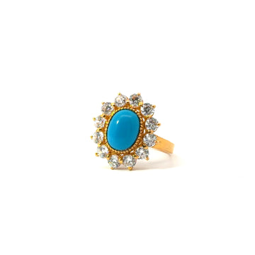 22KT Gold Ring with Oval Turquoise Stone and Cubic Zirconia