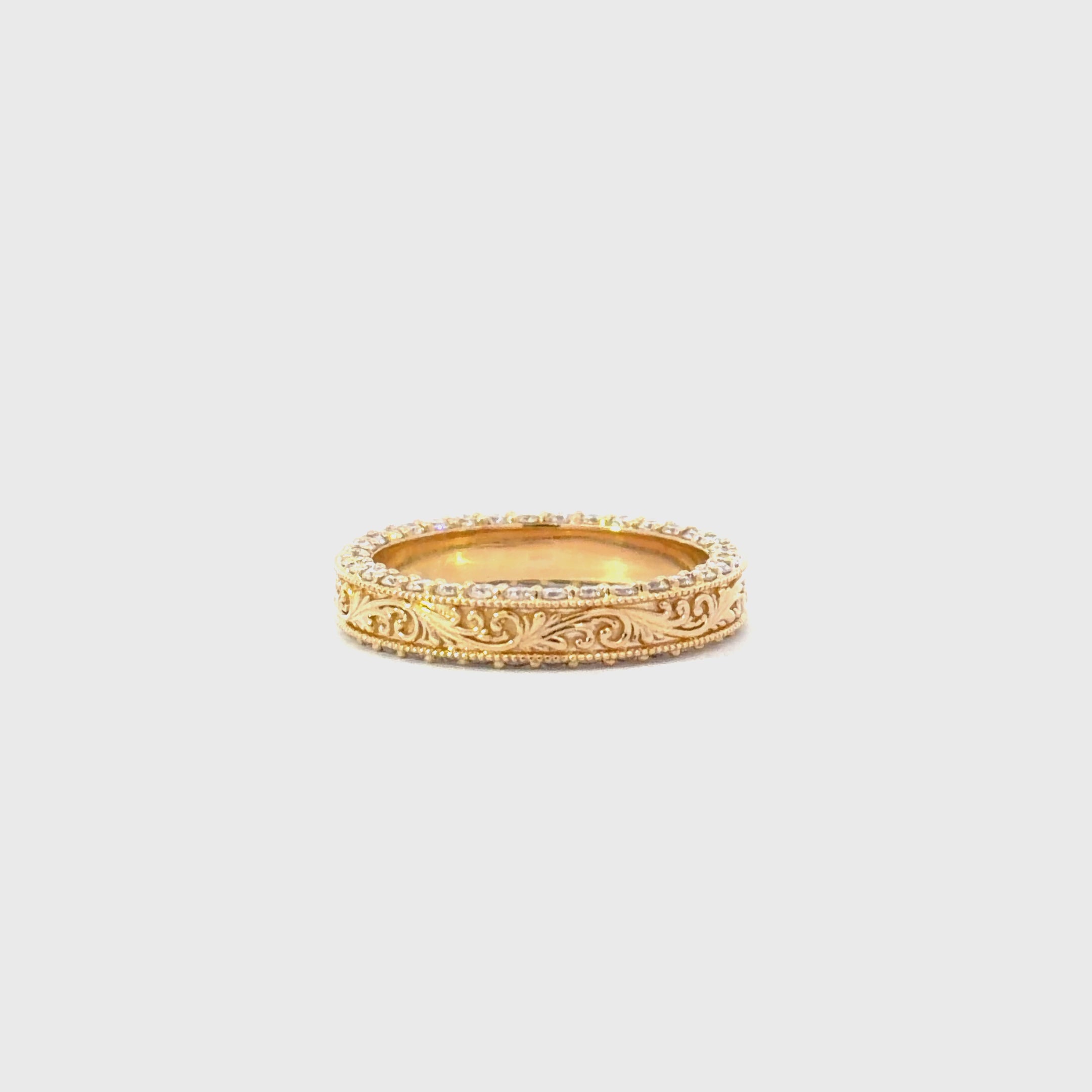 14KT Yellow Gold Diamond Eternity Ring with Engraved Scrollwork